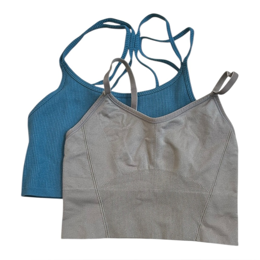 Lot Of 2 Sports Bras Women’s Medium Ribbed Taupe Teal Spaghetti Strap